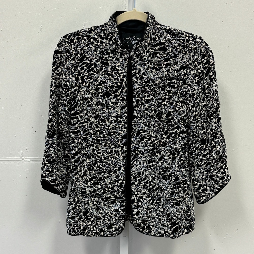 Alex Evenings Women's Silver Embroidered Open Front Jacket Mock Neck Black Small